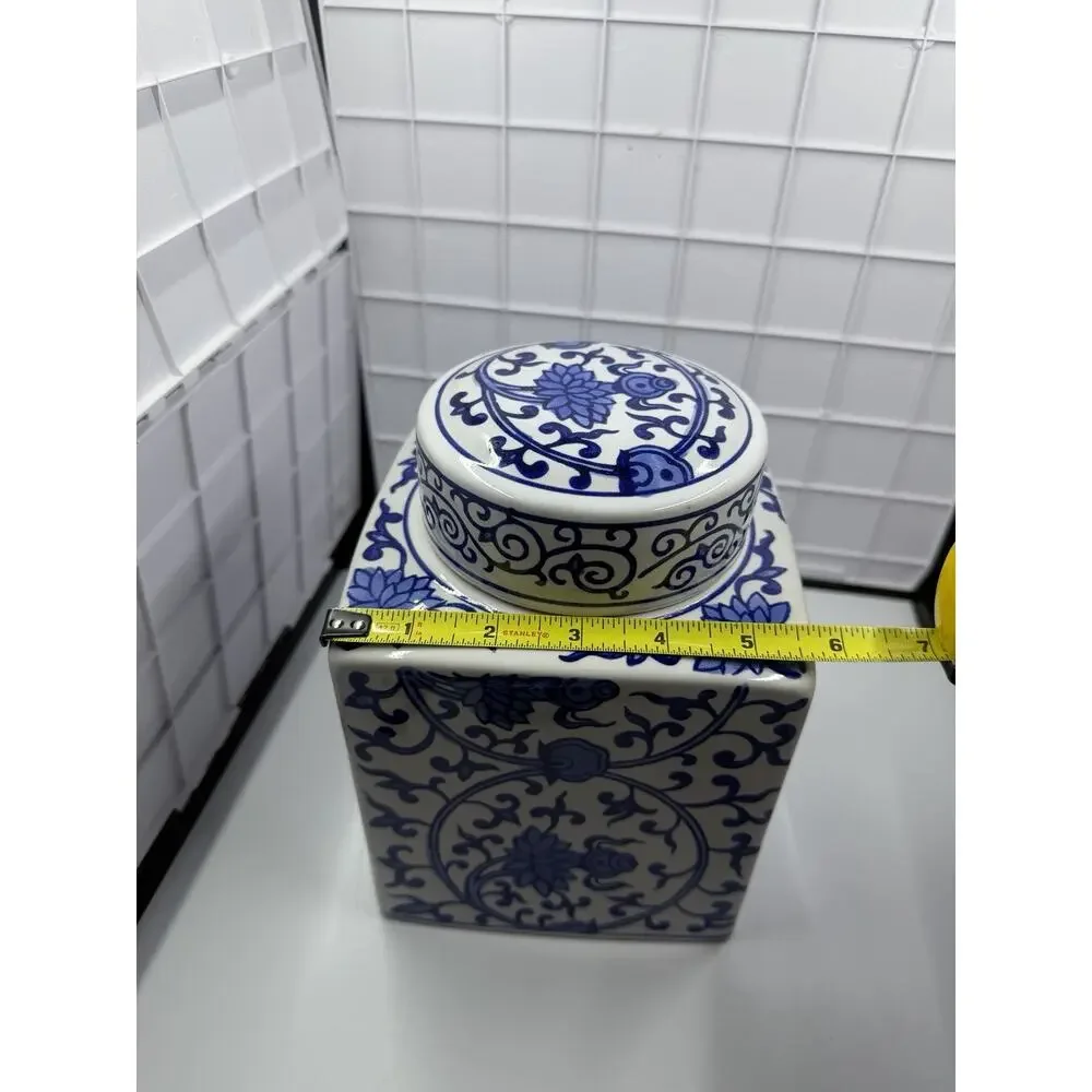 Vintage Asian Blue White Porcelain Tea Caddy, Lidded Jar, Lotus Flowers